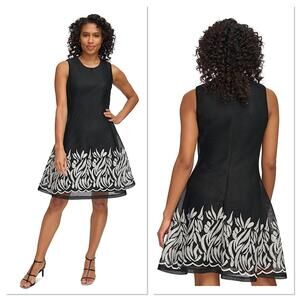 DKNY Sleeveless Embroidered Mesh Fit and Flare Mini Dress Black White Sz 12 NWT